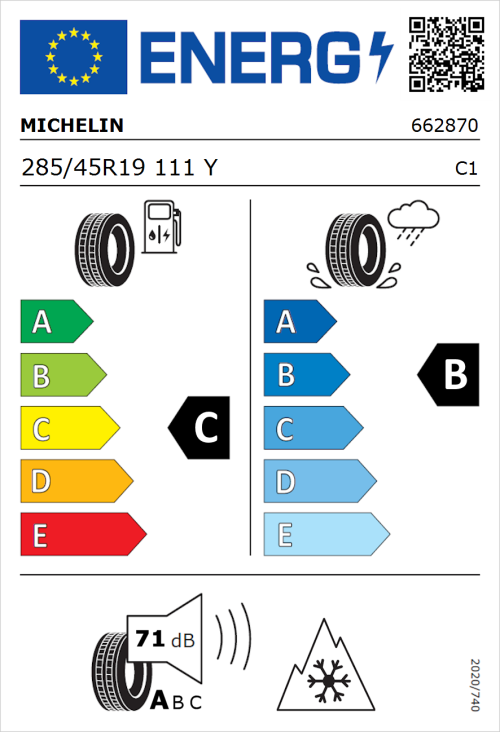Tyre Label for Michelin CrossClimate SUV 285/45R19 111Y